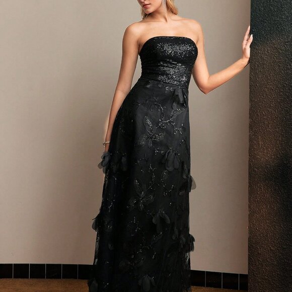 Black Party Women's Sequins Bodice Flower Embroidery Mesh Flare Long Dress - Picture 7 of 7